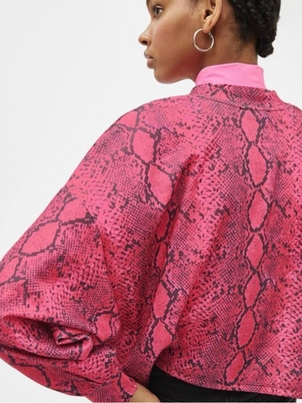 Bershka Fuchsia Pink Snakeskin High Neck Cropped Sweatshirt - Size Medium